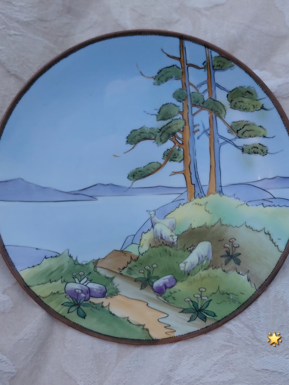 Antique Hand Painted Nippon Plate Pastoral Sheep Landscape Green M Mark 10"
